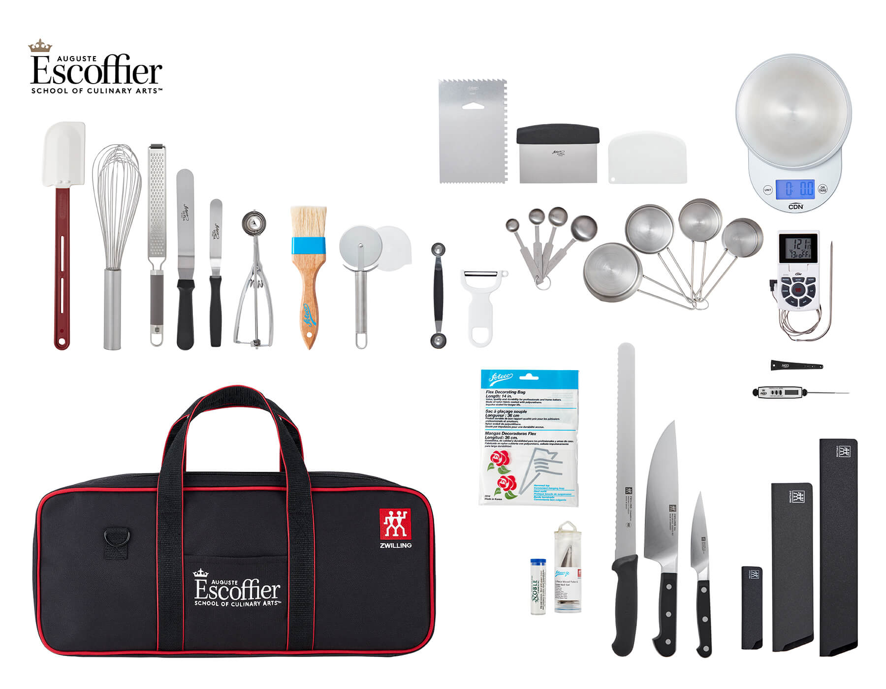 A flat lay of the Auguste Escoffier School of Culinary Arts pastry toolkit, showing professional baking tools neatly arranged on a white background. The kit includes knives, spatulas, whisks, scrapers, a melon baller, pastry brush, measuring cups and spoons, thermometers, decorating bags, a digital scale, and a black and red Escoffier-branded knife case.