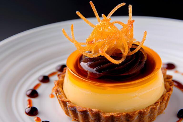 Close-up of an exotic tart topped with an intricate sugar sculpture, featuring delicate swirling shapes and vibrant colors, highlighting the craftsmanship of sugar sculpting.