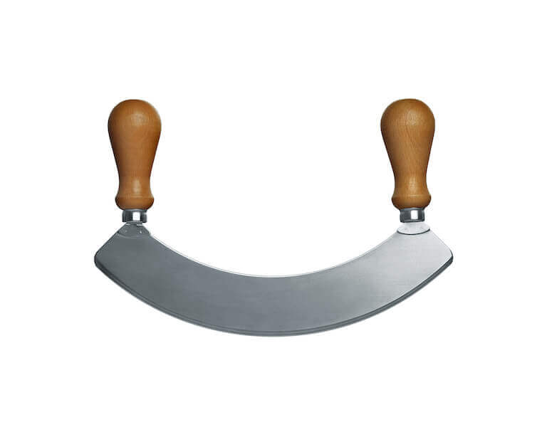 Closeup of a mincing knife on white background.