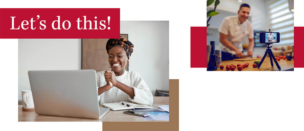 A chef with a big smile clasping her hands in front of a laptop and a man chopping vegetables while filming himself with a smartphone