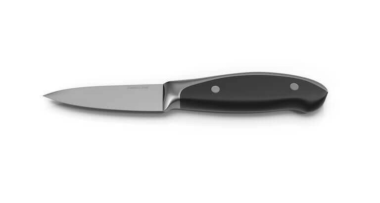 Closeup of a paring knife on white background.