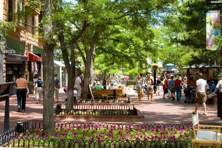 People walking around Pearl Street Mall in Boulder