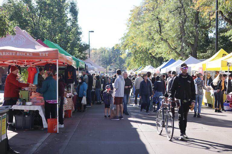 Rows of farmers market stalls line a concrete pathway, and a large crowd of people stroll along the path and shop at the stalls.