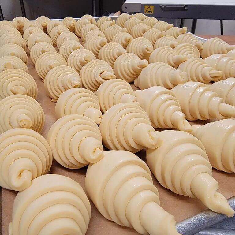 A large, commercial-sized baking sheet holds approximately 63 rolled and ready-to-bake croissants.