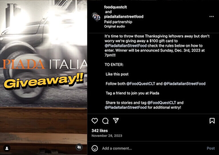 Screenshot of an Instagram post depicting the details of a competition giving away a $100 gift card to a restaurant.