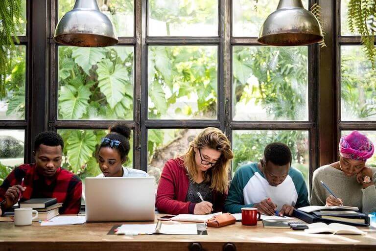 Several students sit side-by-side working intently at a long desk in front of a wall of windows with large tropical plants outside.