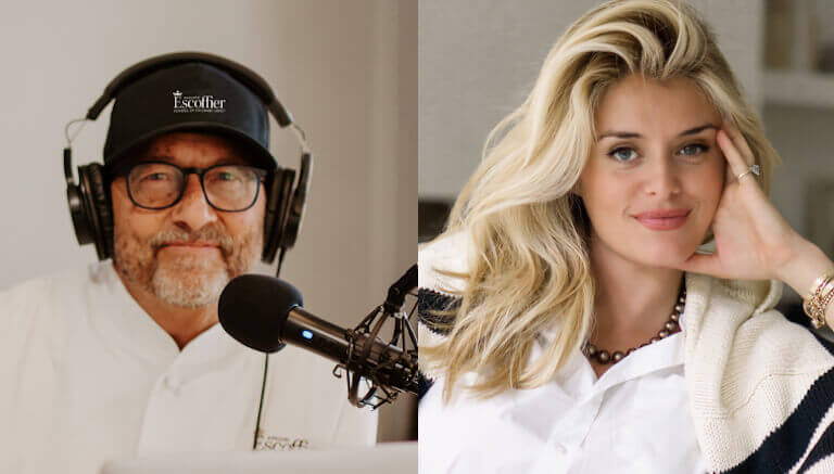 Side-by-side headshots of The Ultimate Dish Podcast Host, Chef Kirk T. Bachmann and Daphne Oz.