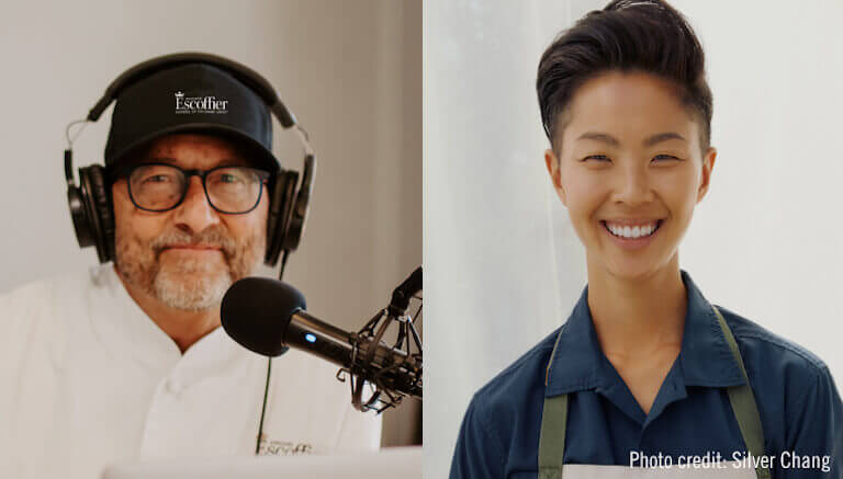 Side-by-side headshots of The Ultimate Dish Podcast Host, Chef Kirk T. Bachmann, and Kristen Kish.