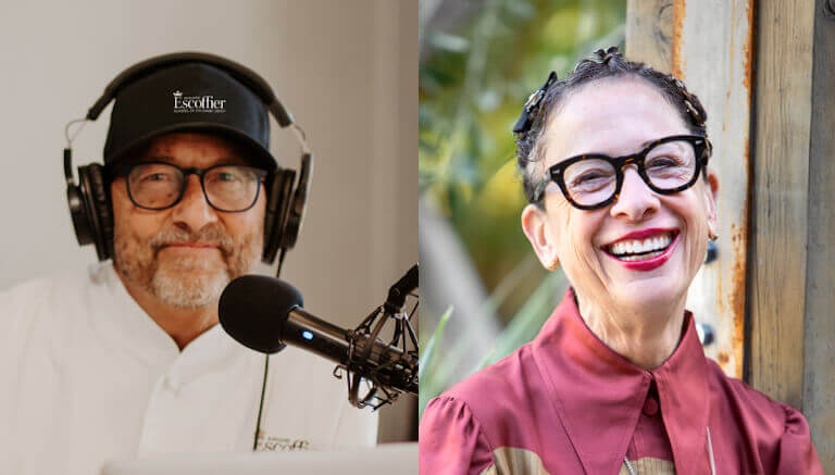Side-by-side headshots of The Ultimate Dish Podcast Host, Chef Kirk T. Bachmann, and Nancy Silverton.