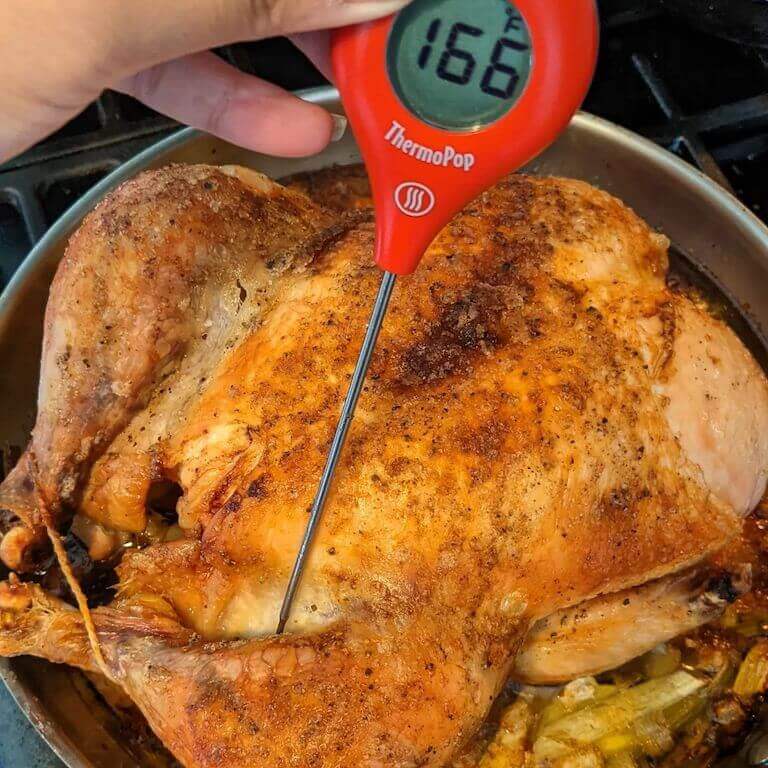 Thermometer displaying 166 degrees sticking out of a cooked chicken