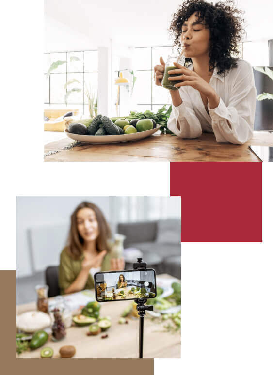 Graphic of two photos, one showing a person drinking a green smoothie and the other of a person taking a video of them speaking on their phone