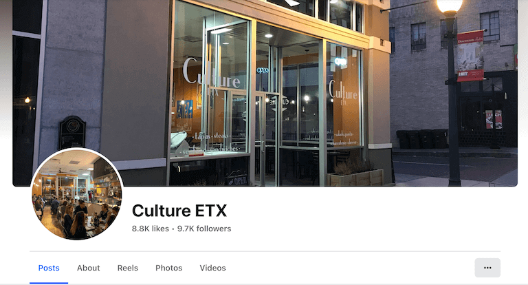 Screenshot of a restaurant’s Facebook page, depicting the exterior of the restaurant—a modern building with large plate glass windows in an urban setting—along with information about the business.