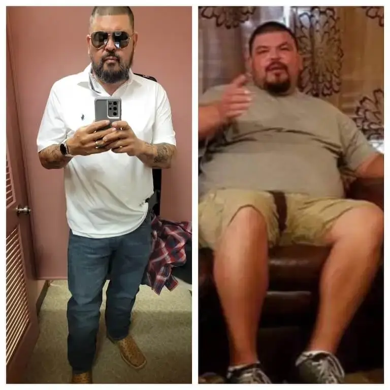 A side-by-side before-and-after representation of Mike Carrillo’s significant physical transformation.