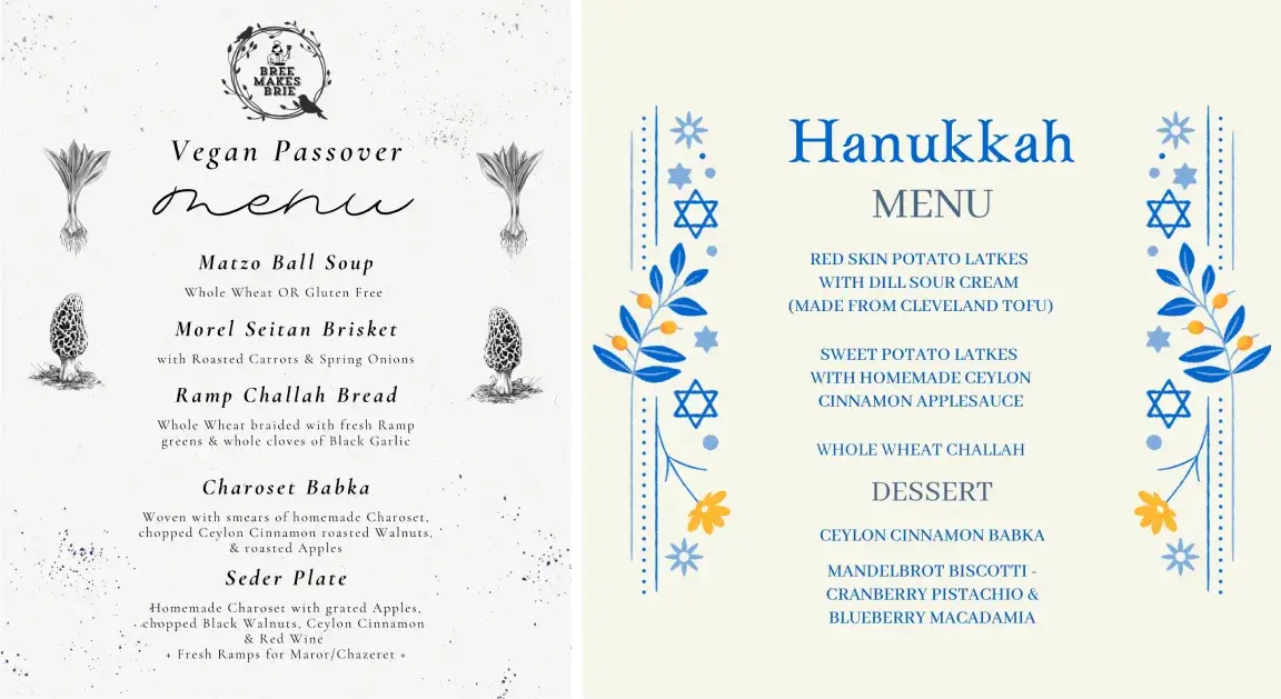 Side-by-side views of Bree Chumley’s vegan Passover menu and vegan Hanukkah menu
