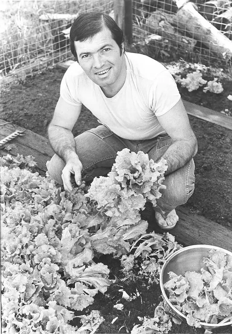 Chef Jacques Pépin in a black-and-white photo, squatting down in a garden where he is harvesting leafy greens.