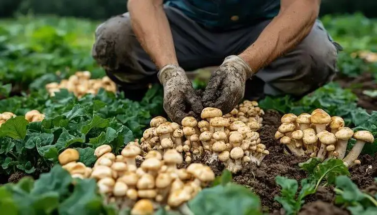 Close-up of a farmer harvesting clusters of small mushrooms by hand from a green vegetable field.