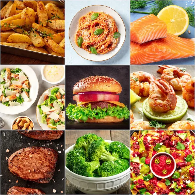 Collage of various plated dishes including pasta, salmon, burger, shrimp, salad, broccoli, steak, and nachos arranged in a grid layout.