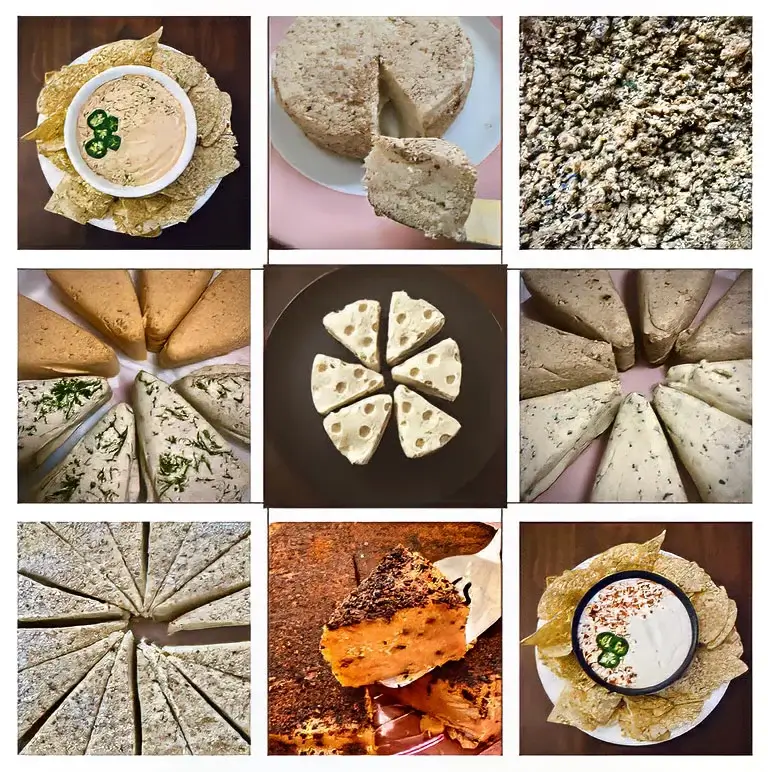 Grid of plant-based cheeses and dips, including creamy wheels, herbed wedges, crumbly bleu-style, and cheese dips with tortilla chips.