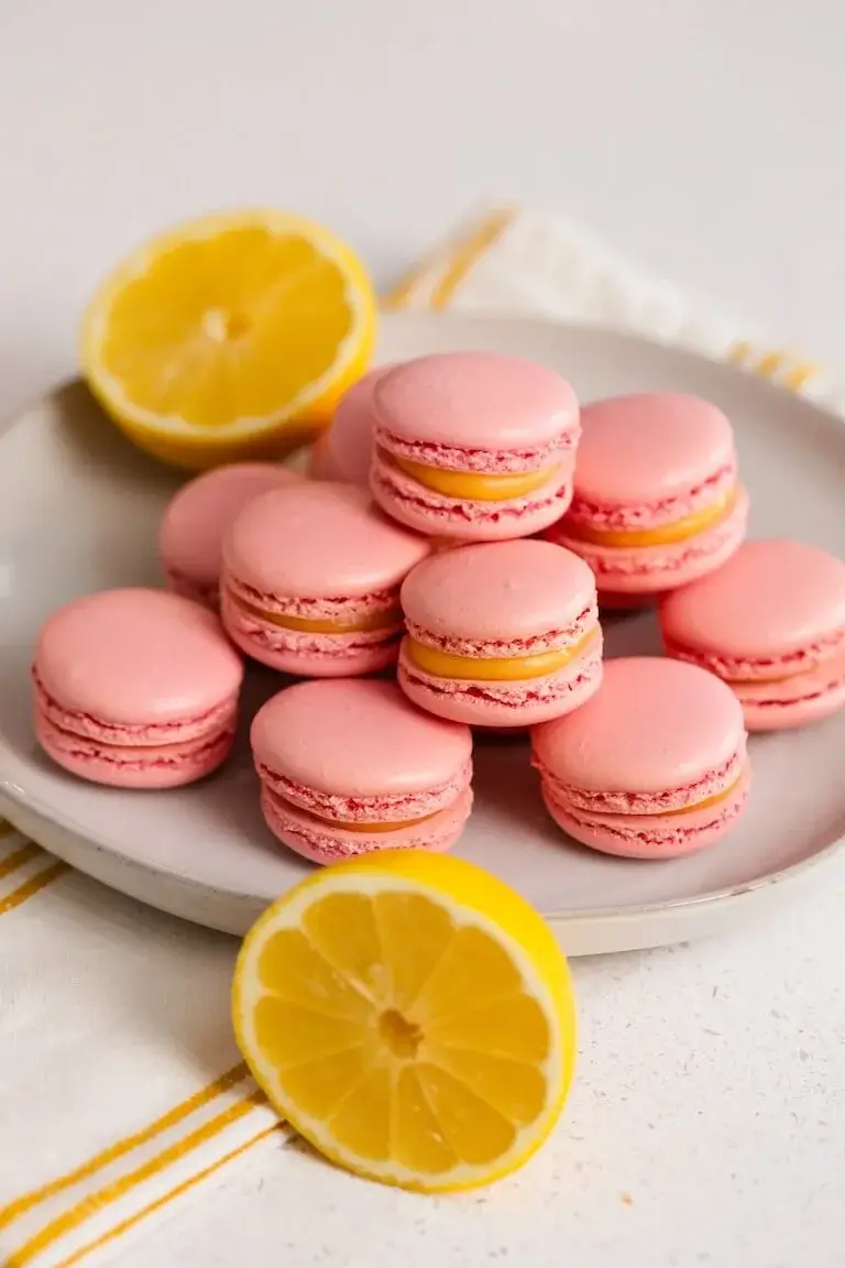 Pink macarons with yellow filling arranged on white plate with fresh lemon halves, showing the balance of sweet and tart flavors