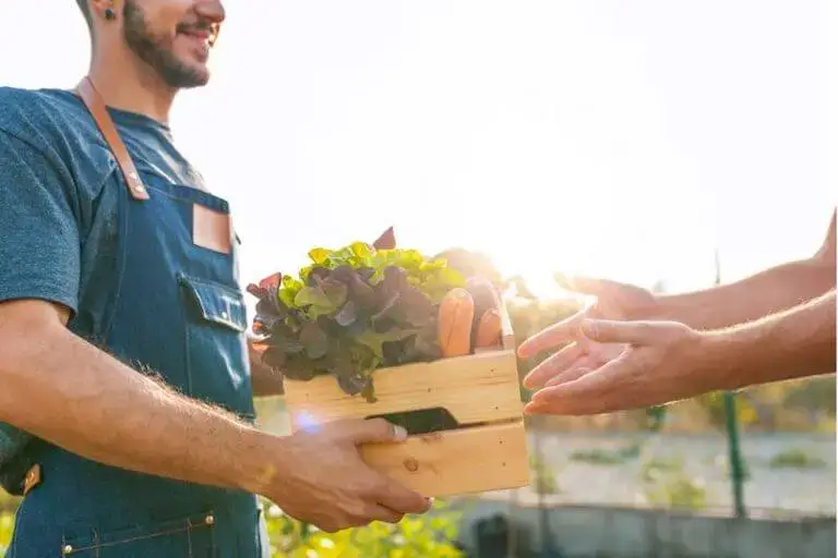 Man in apron handing a wooden crate of fresh vegetables to another person in a garden setting.