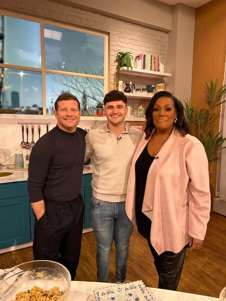 Matty Edgell with tv show co-hosts Dermot O’Leary and Alison Hammond on the This Morning set.