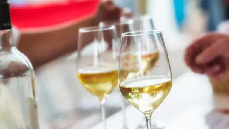 Several glasses of white wine lined up for tasting, with hands and a wine bottle visible in the background.