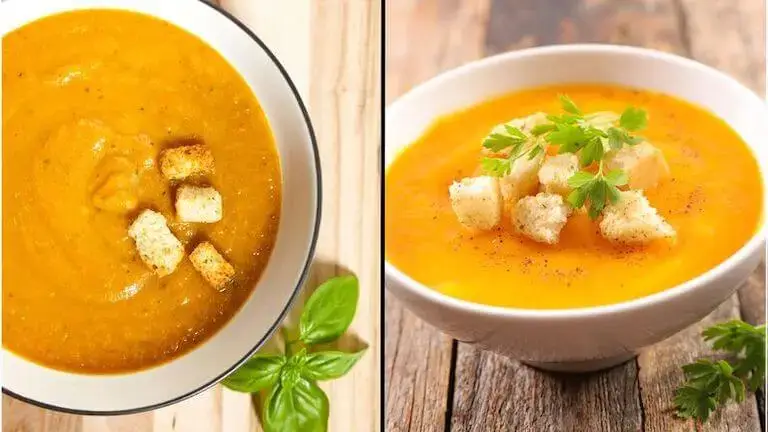 Two bowls of orange soup with croutons; the left bowl is photographed overhead on a light wood surface with basil garnish, while the right bowl is styled with fresh parsley garnish and croutons on a rustic wood background.